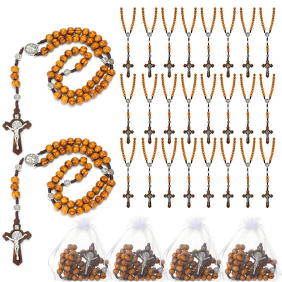 Equsion 24 Set Wooden Bead Rosary Necklace Catholic Rosary Wood Carved Beads with Jesus Cross Our Father Solid Wooden Rosary Beads with Organza Bag