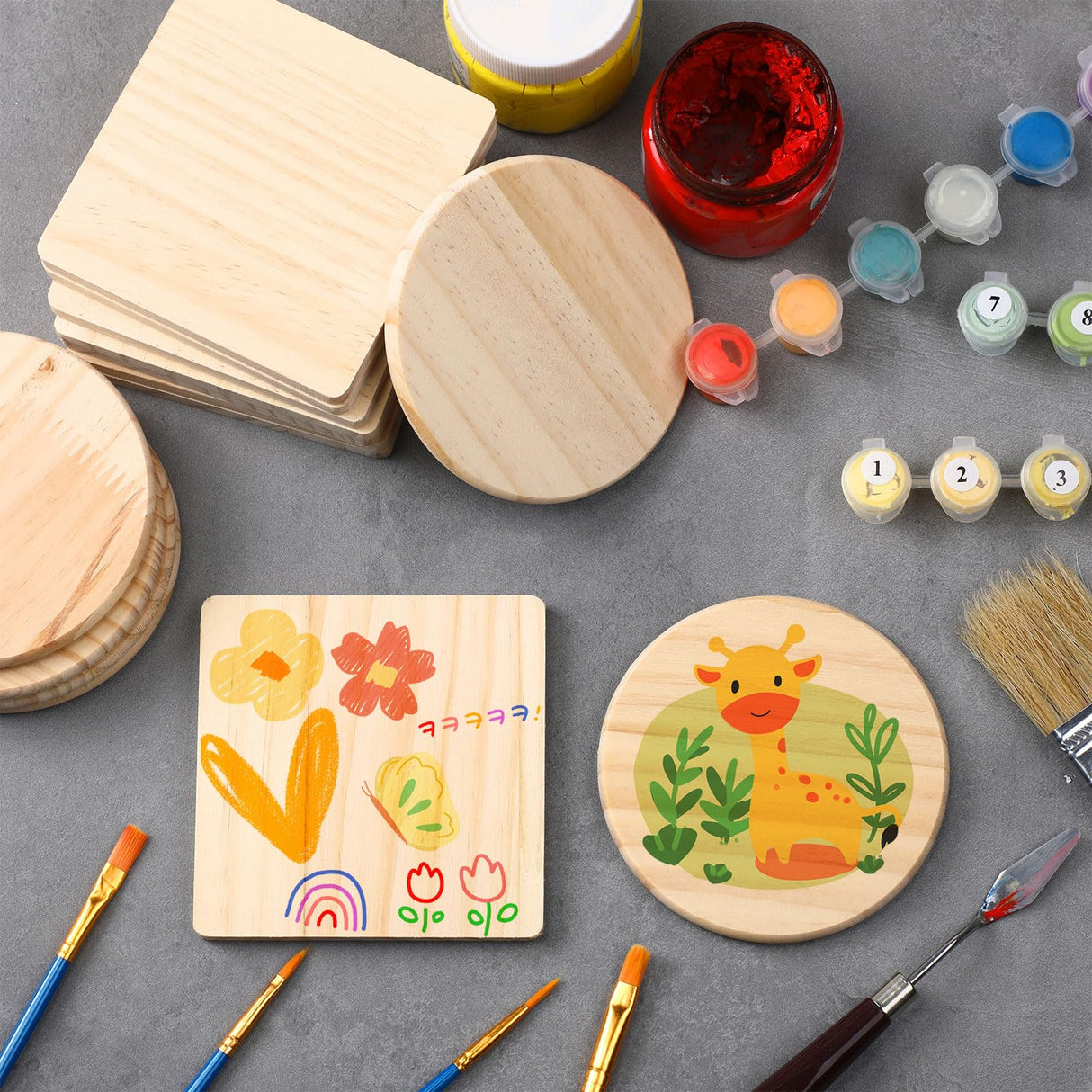 Hushee 72 Pcs Unfinished Wood Coasters 4 Inch Blank Wooden Coasters for Crafts with Non Slip Foam Pad Stickers Wooden Craft Coasters for DIY Stained Hushee