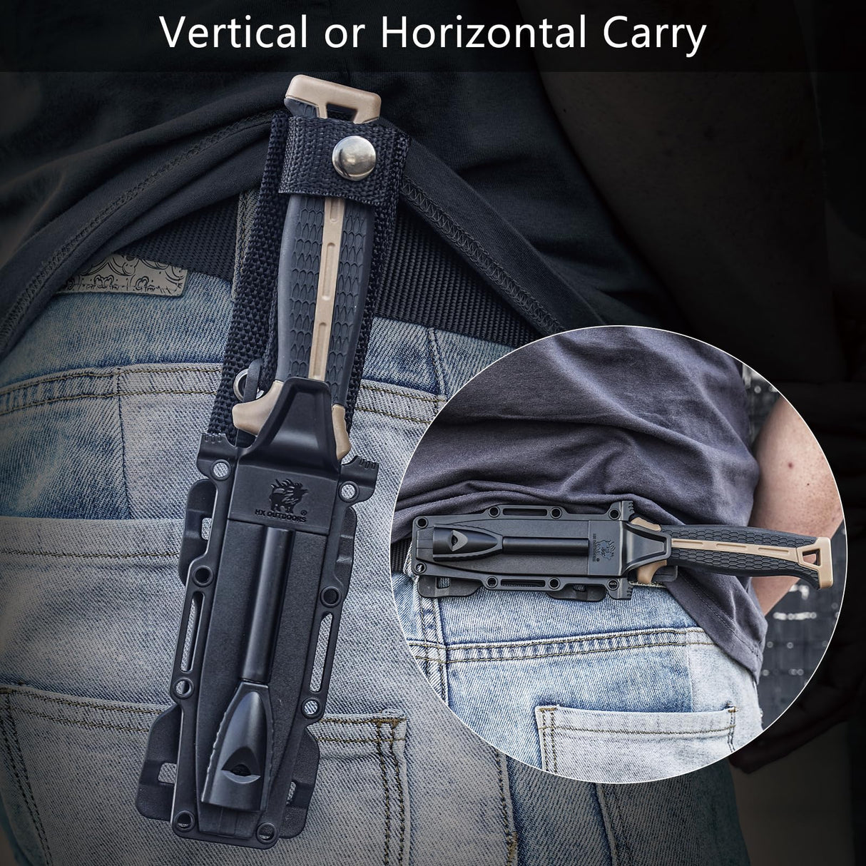 HX OUTDOORS Extra Sharp Bushcraft Knife with Fire Starter, Premium D2 Steel Fixed Blade Survival Camping Knife with Plastic Sheath for Outdoor, HX HX OUTDOORS