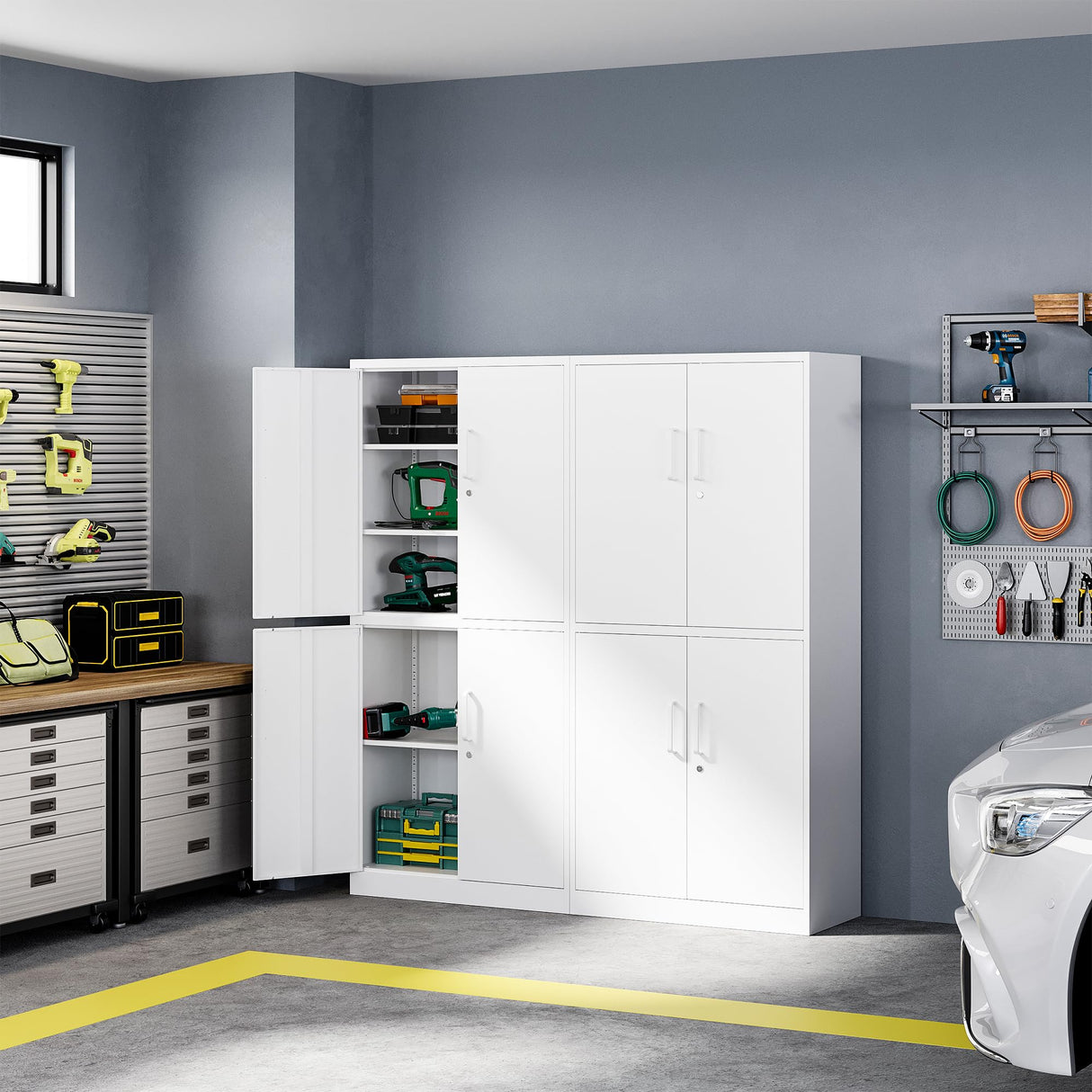 Letaya Metal Storage Cabinet with Lock Door, Adjustable Shelf Steel Cabinets for Office, Home,Pantry,Kitchen,Garage Utility Cabinet (4 Door-White) Letaya