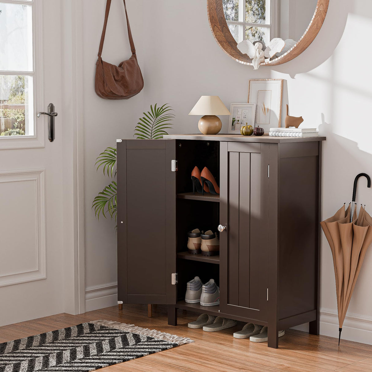 SUPER DEAL Modern Bathroom Floor Storage Cabinet with Adjustable Shelf and Double Door Rust Proof, Living Room Modern Home Furniture Storage SUPER DEAL