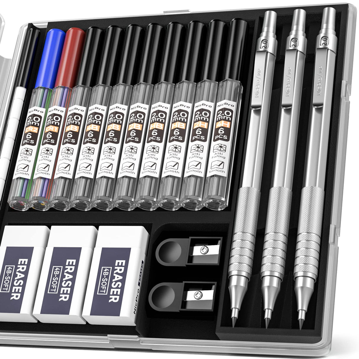 Nicpro Metal 2.0 Mechanical Pencil Set with Case, 3 PCS Drafting Lead Holder with 10 Tubes 2mm Graphite Lead Refill(HB 2H 4H 2B 4B) &Colors, Nicpro