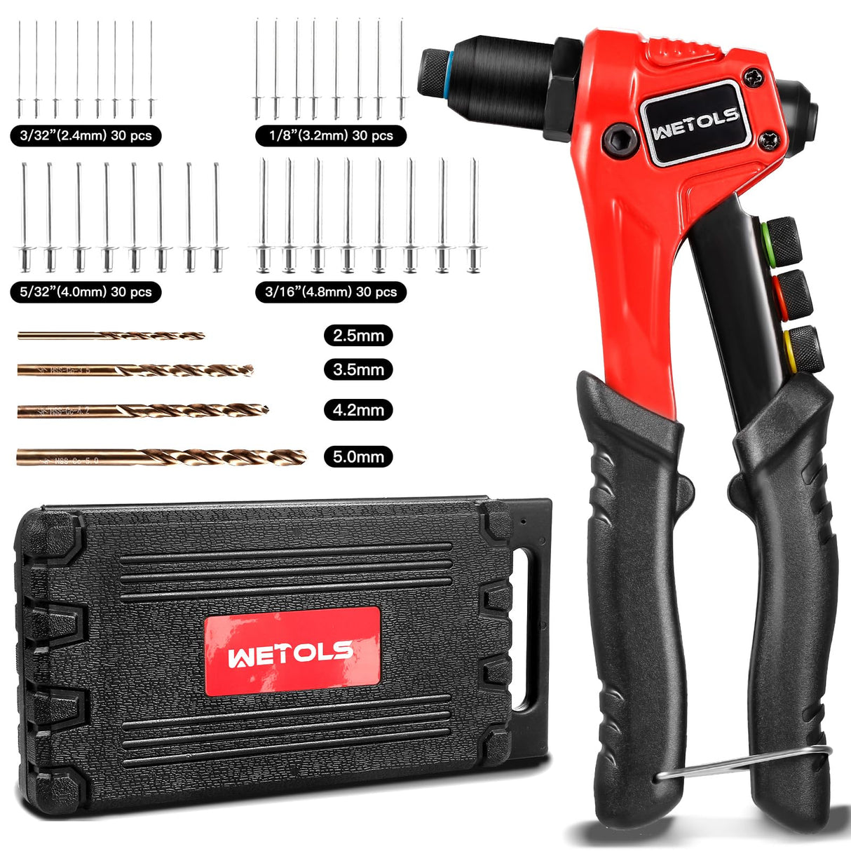 WETOLS Rivet Gun Kit with 120 Pcs Rivets, Manual Rivet Gun with 4 Interchangeable Rivet Heads and 4 Twist Drills, Pop Rivet Gun Kit with Blow Molded WETOLS