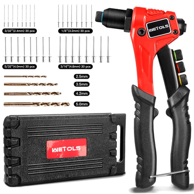 WETOLS Rivet Gun Kit with 120 Pcs Rivets, Manual Rivet Gun with 4 Interchangeable Rivet Heads and 4 Twist Drills, Pop Rivet Gun Kit with Blow Molded