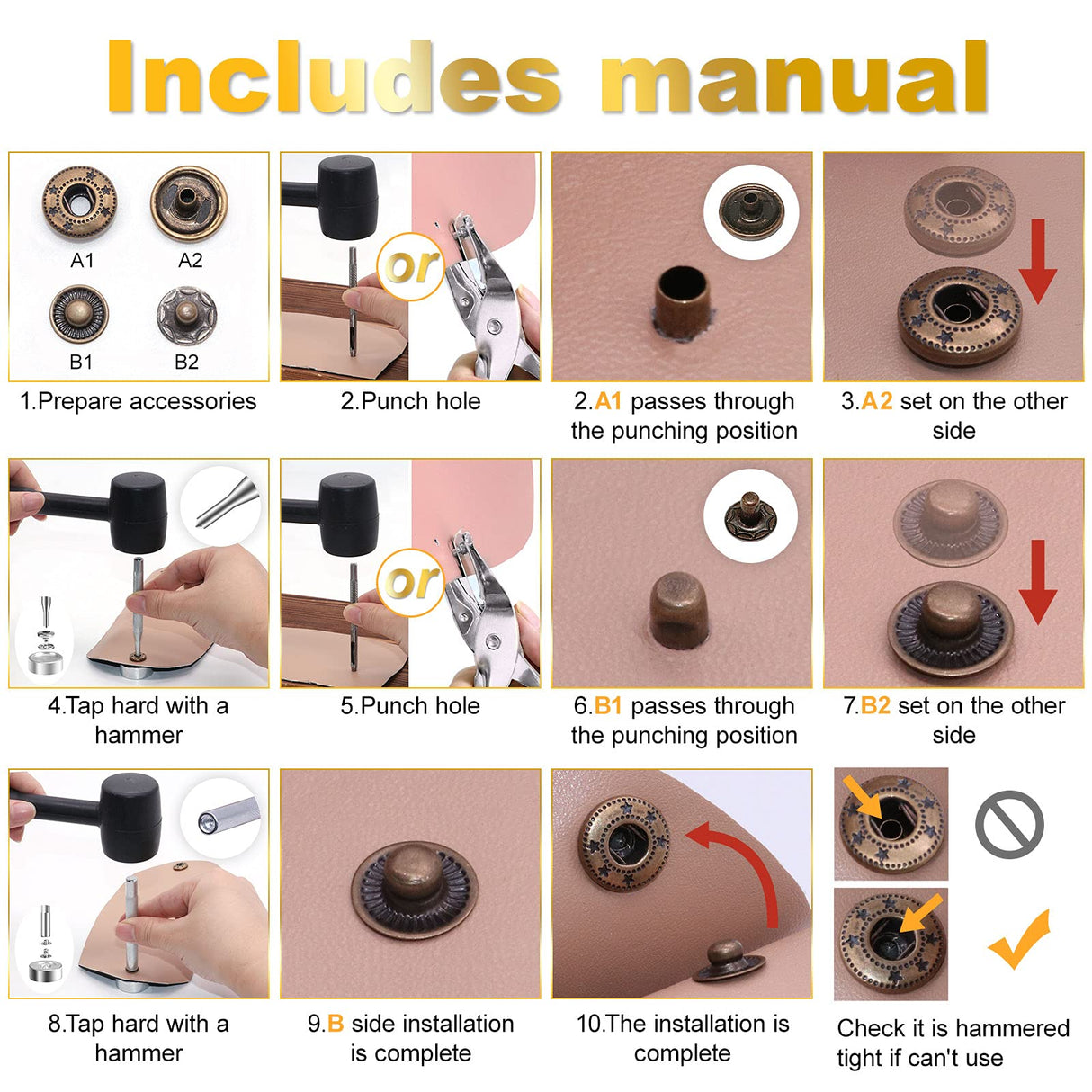 Alritz 120 Set Leather Snap Fasteners Kit with Hammer Puncher, 12.5mm Metal Button Snaps Press Studs with 4 Setter Tools for Clothes, Jackets, Jeans Alritz