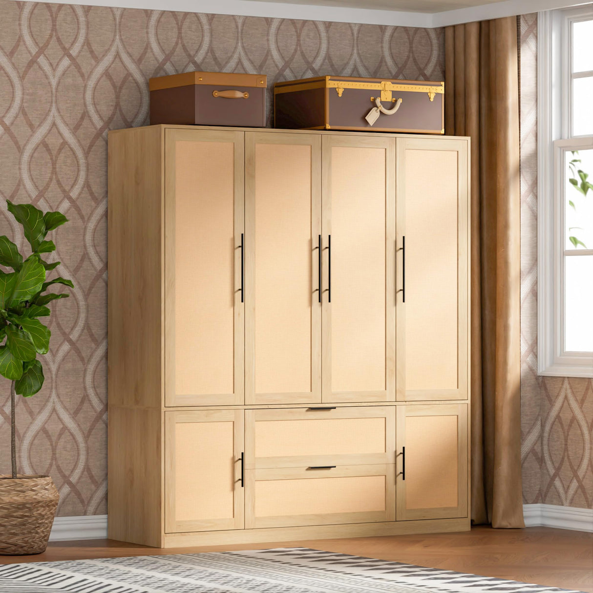 UEV Brown 6 Doors Rattan Armoire Wardrobe Closet,63" Large Armoire Storage Cabinet with 2 Drawers Side Shelves,Wooden Wardrobe Closet with 2 Hanging UEV