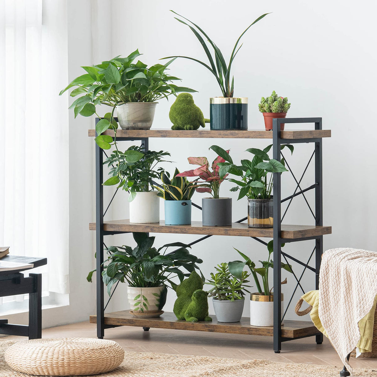 HCHQHS Rustic 3-Tier Industrial Bookcase with Metal and Wood Design HCHQHS