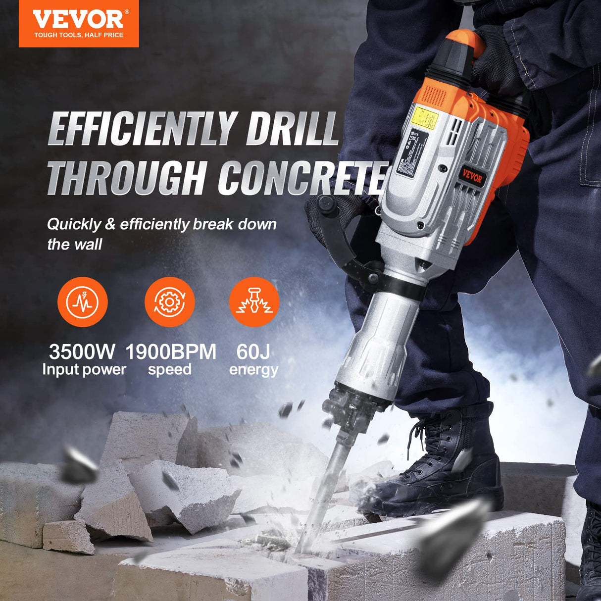 VEVOR Demolition Jack Hammer, MAX 3500W Jack Hammer Concrete Breaker 1900 BPM Heavy Duty Electric Jack Hammer, 2pcs Chisel w/Gloves & 360°C Swiveling VEVOR
