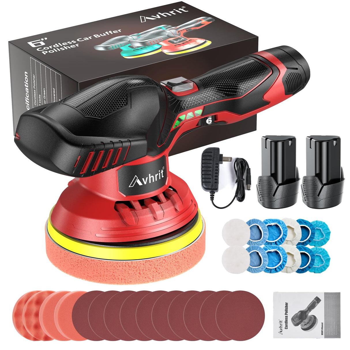 Avhrit Cordless Car Buffer Polisher kit w/ 2x2000mAh 12V Batteries, 6 Inch Car buffer Waxer Kit w/ 6 Variable Speed & Extra 26 PCS Attachments, Avhrit