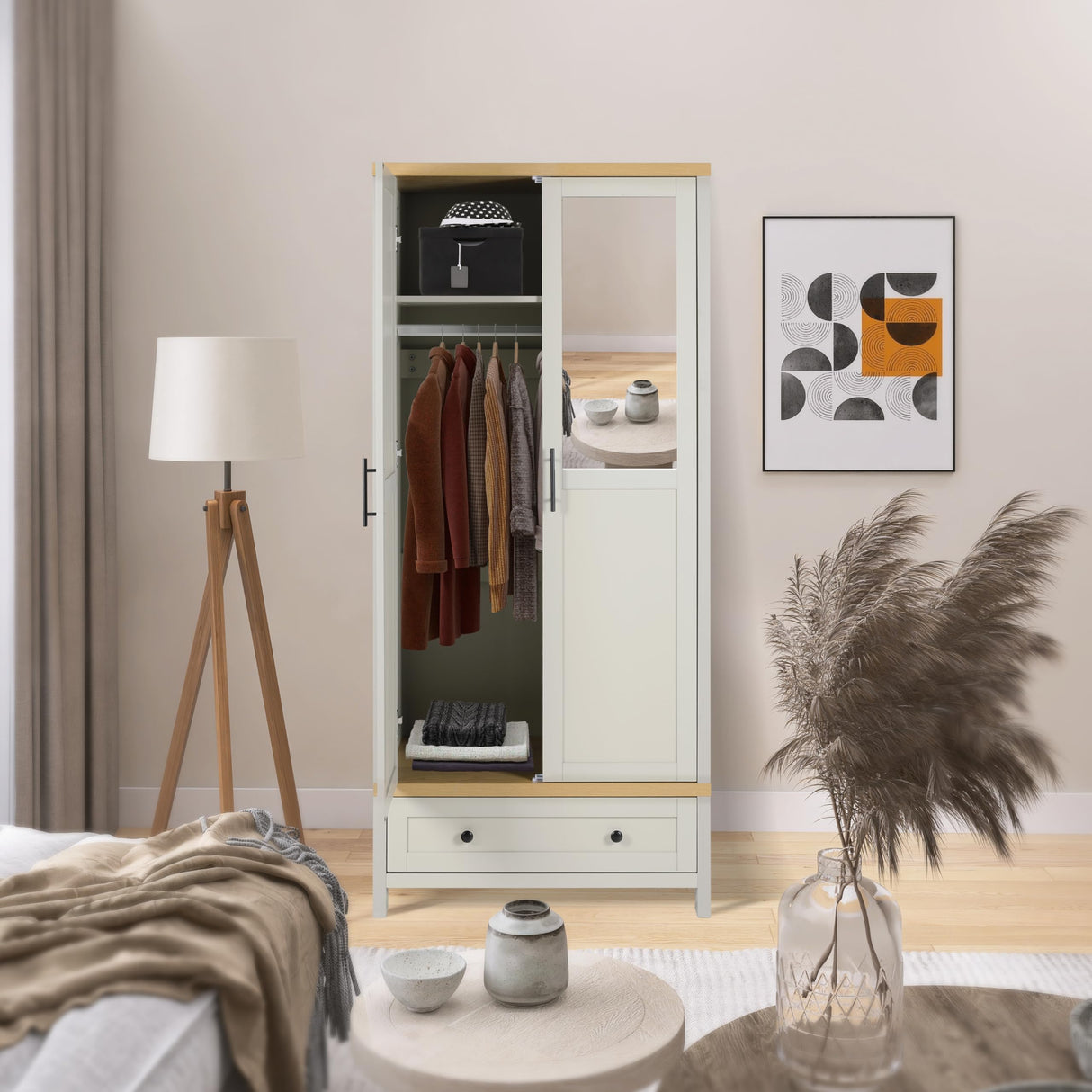 YIGOBUY Armoire Wardrobe Closet for Bedroom, 2 Doors Storage Cabinet with Drawer, Mirror, Shelves, Hanging, Tall Wood Standing Clothes Organizer YIGOBUY