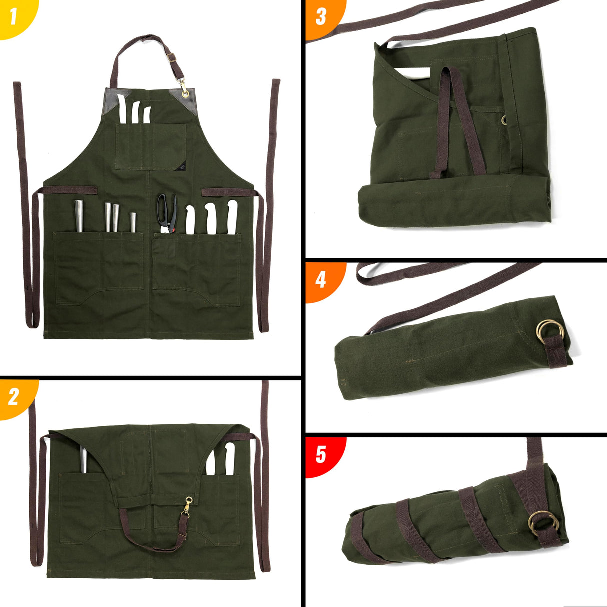 Under NY Sky Knife-Roll Forest Green Apron – Heavy-Duty Canvas, Leather Reinforcement – Adjustable for Men and Women – Pro Chef, Barbecue, Butcher, Under NY Sky