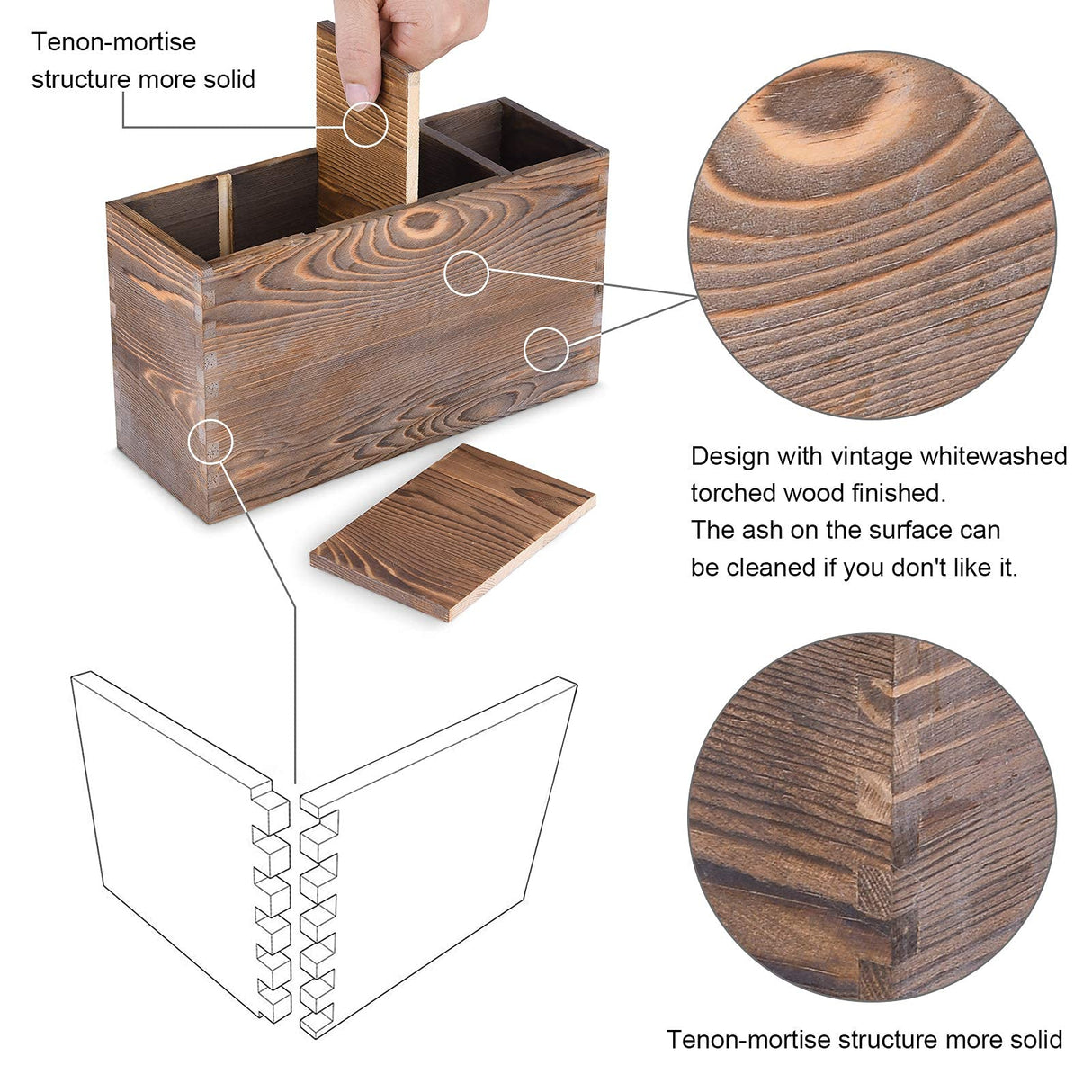 WuGeShop Rustic Utensil Caddy, 4 Adjustable Compartments Wooden Silverware Caddy, Upgraded Version kitchen Utensil Holders for Countertop WuGeShop