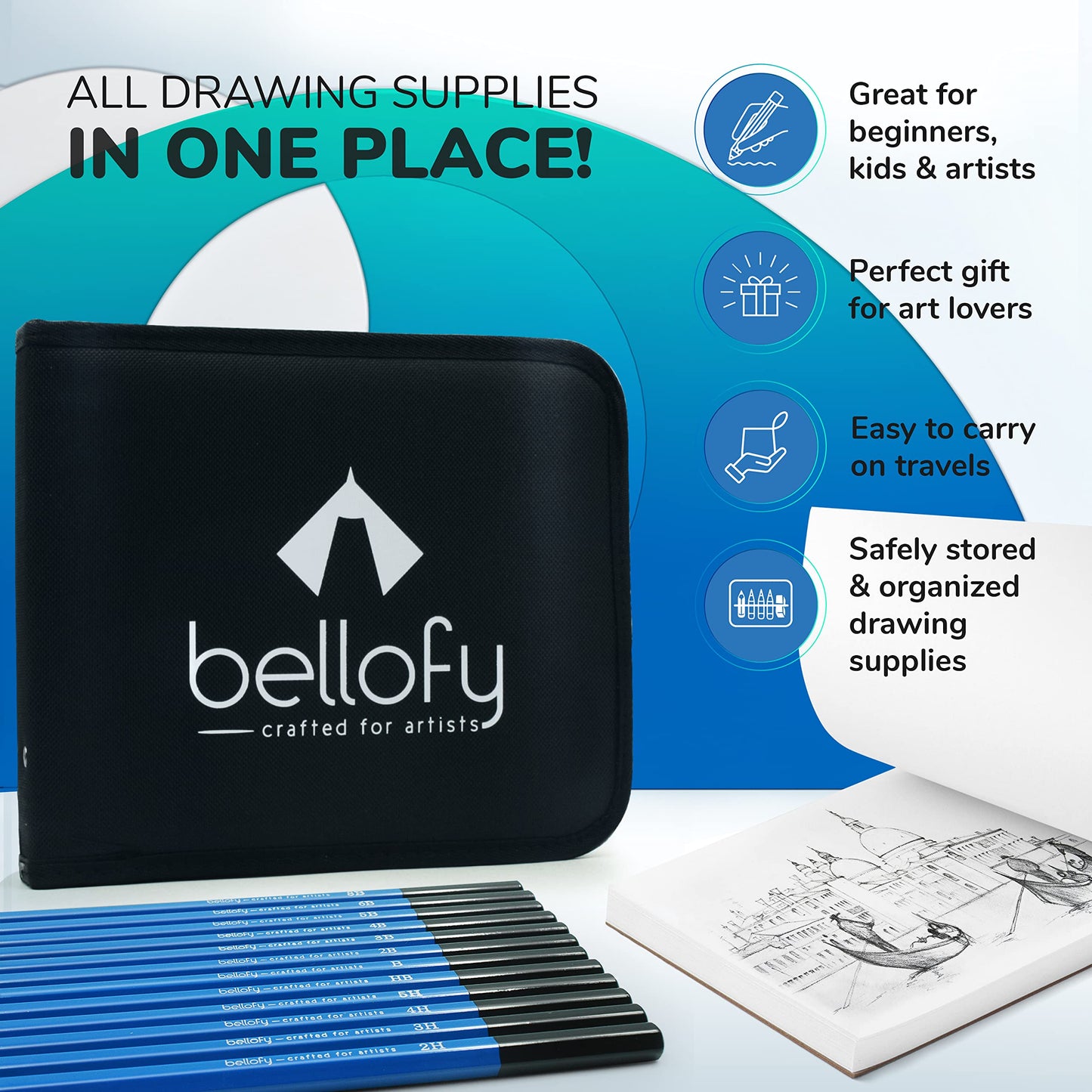 Bellofy 33 pack Drawing Kit with 100 Sheets Pad | Drawing Kit for Adults comes with Sketch Supplies for Kids, Beginners & Artists | Drawing Set