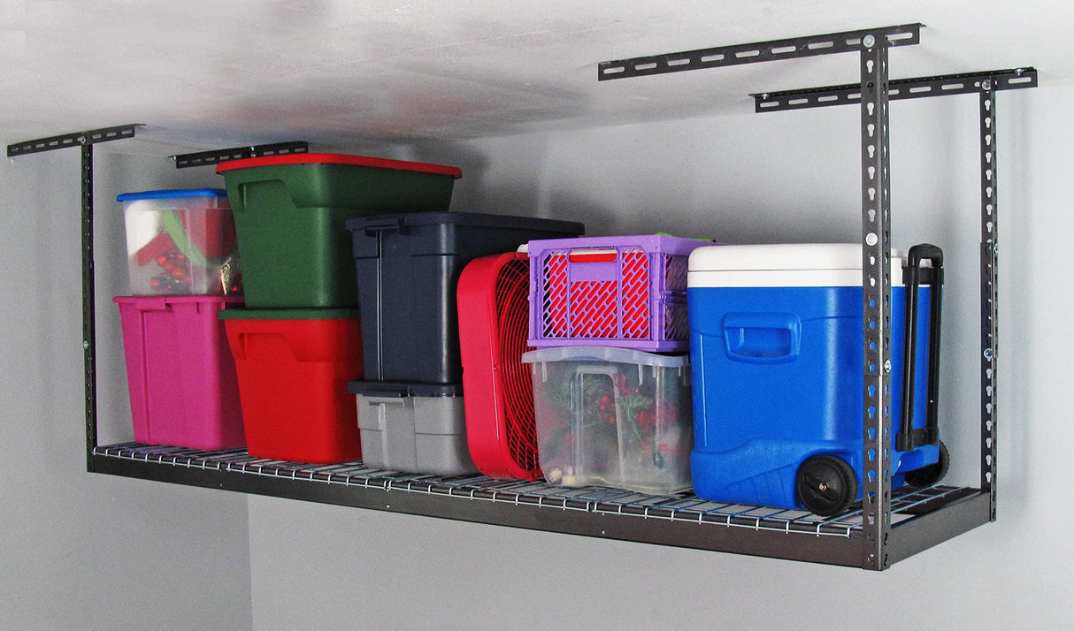 SafeRacks 3x8 Overhead Garage Storage Rack - 500 Pound Weight Capacity Height Adjustable Steel Ceiling-Mounted Rack with Accessories (Hammertone) SafeRacks