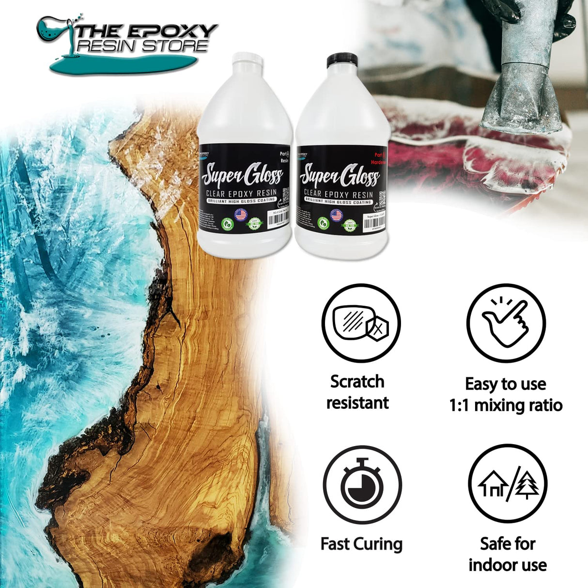 Super Gloss Epoxy Resin UV Stable Glass Like Finish for Bar Counters and Wood Tabletops, 1 Gallon Kit Easy Mixing at 1-1 by Volume Clearcast 7000