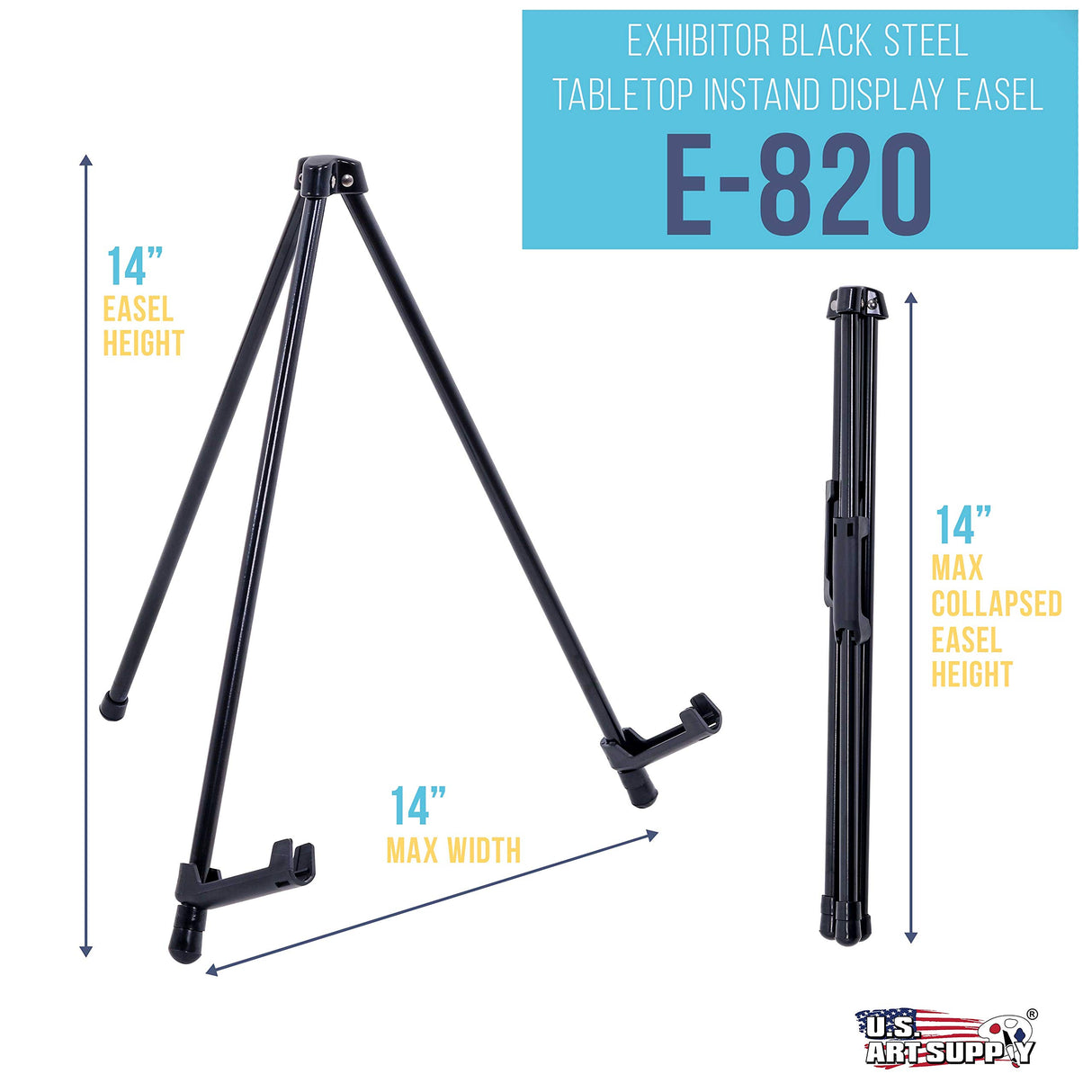 U.S. Art Supply 14" High Exhibitor Black Steel Tabletop Instant Display Easel - Small Portable Tripod Stand, Adjustable Holders - Display Paintings, US Art Supply