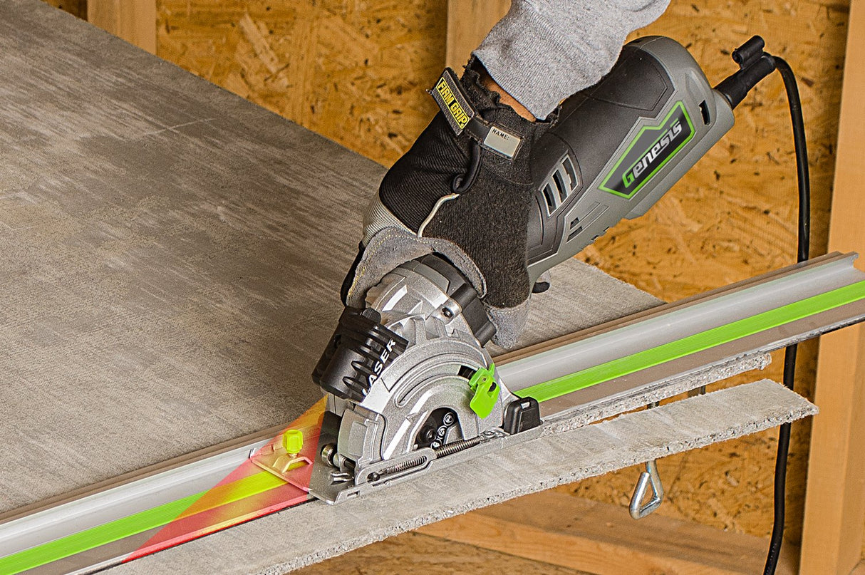 Genesis GPCS535CK 5.8 Amp 3 1/2” Control Grip Plunge Compact Circular Saw Kit with Laser, Miter Base, 3 Assorted Blades, Vacuum Adapter Hose, Rip Genesis