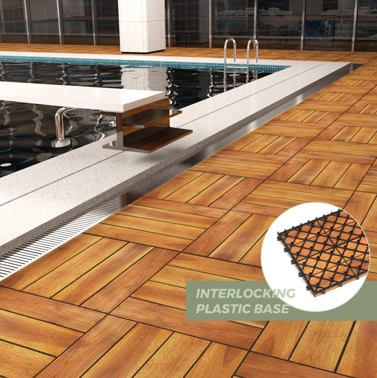 Interlocking Deck Tile (Pack of 10, 12"x12") Acacia Hardwood Deck Tile, Interlocking Patio Tile in Solid Acacia Wooden Oiled Finish Waterproof All LOAQUA