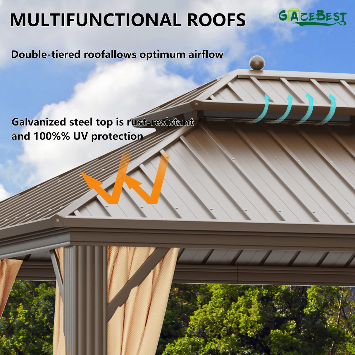GAZEBEST 12'x20' Hardtop Gazebo Outdoor Aluminum Patio Gazebo Double Roof Galvanized Steel Gazebo Canopy Wooden Finish Coated with Netting and GAZEBEST