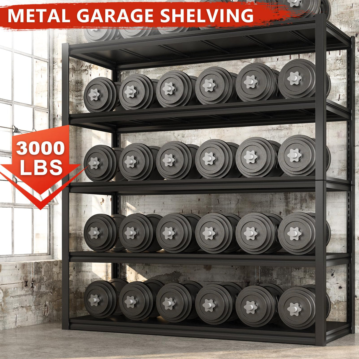 REIBII 48.2" W Garage Shelving 3000LBS Heavy Duty Storage Shelves Adjustable 5 Tier Metal Shelves for Storage Garage Shelf Industrial Shelving Unit REIBII