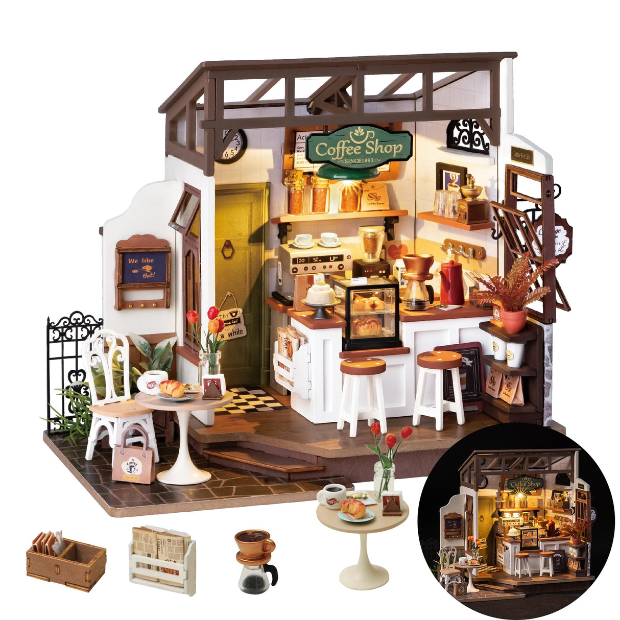 DIY Miniature House Kit Flavory Coffee Shop, Tiny House Kit for Adults to Build, Mini House Making Kit with Furnitures, Halloween/Christmas Wowood