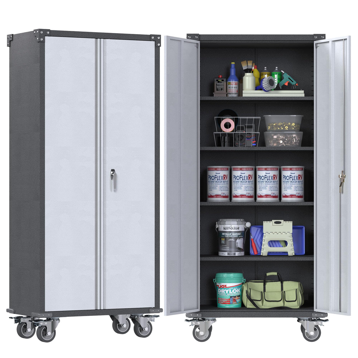 SUXXAN 71" Tall Metal Storage Cabinets with Doors and 4 Adjustable Shelves, Lockable Rolling Cabinet Silver&Black,Home Office Metal Utility Cabinet SUXXAN