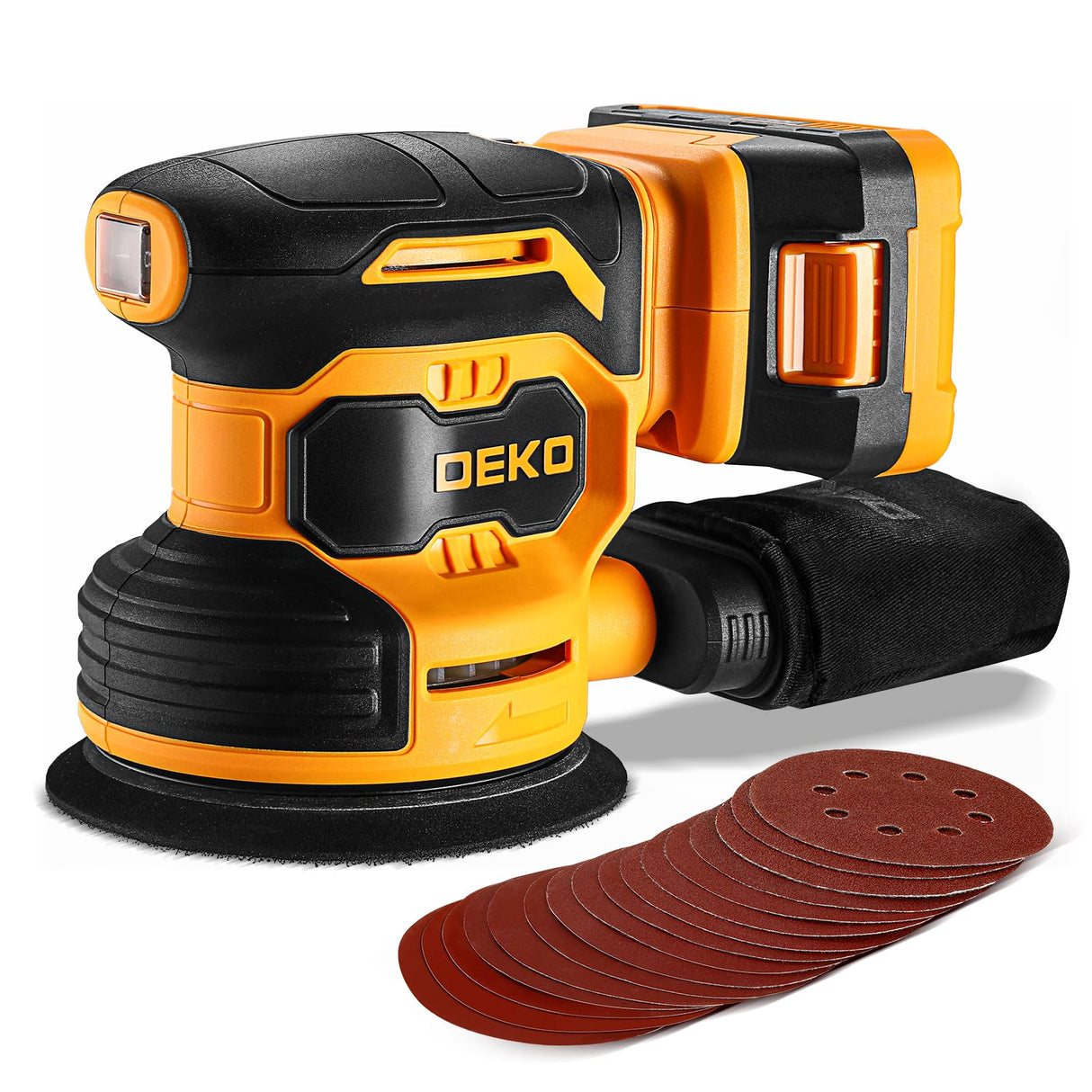 DEKOPRO 20V Orbital Sander Cordless Power Sander Tool with Battery and Charger Electric Hand Sanders Tools for Wood, Dust Bag, Vacuum Blower DEKOPRO