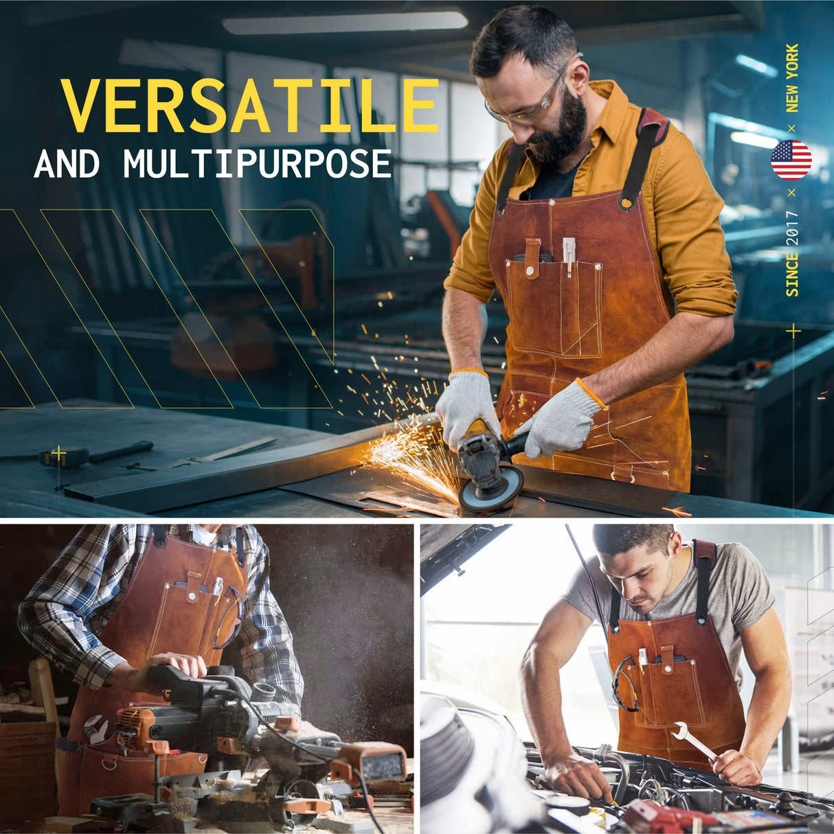 FIGHTECH® Leather Work Apron with Tool Pockets For Welding w Kevlar Stitching | Woodworking Shop | Adjustable M-XXL (Brown, Leather) FIGHTECH