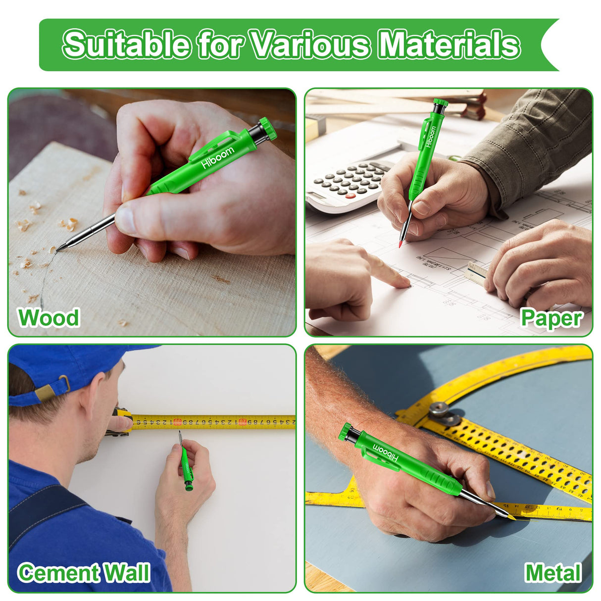 Hiboom 3 Pack Carpenter Pencils Set with 24 Refills, 2.8 mm Mechanical Carpenter Pencil Built in Sharpener Woodworking Marking Tool Solid Long Nosed Hiboom