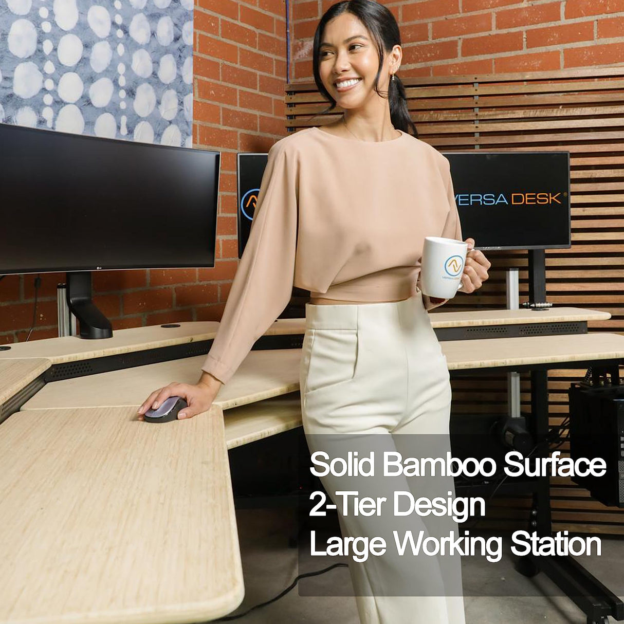 VERSADESK Foundry Split Level Corner Standing Desk, Electric Height Adjustable Standup Computer Desk, Ergonomic Studio Desk Workstation, Solid Bamboo VERSADESK