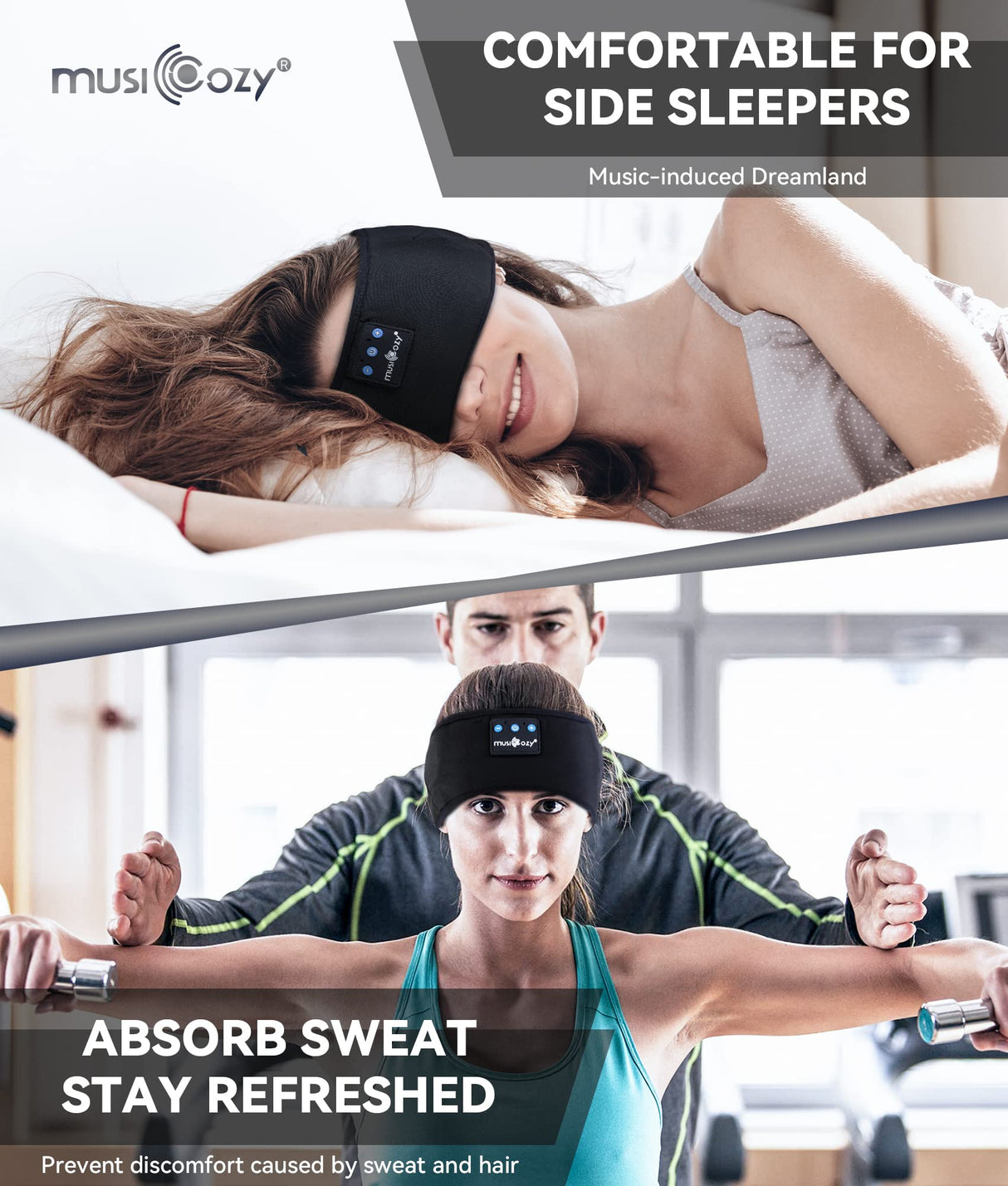MUSICOZY Sleep Headphones Bluetooth 5.2 Headband, Sports Wireless Earphones Sweat Resistant Earbuds with Ultra-Thin HD Stereo Speaker for Workout MUSICOZY