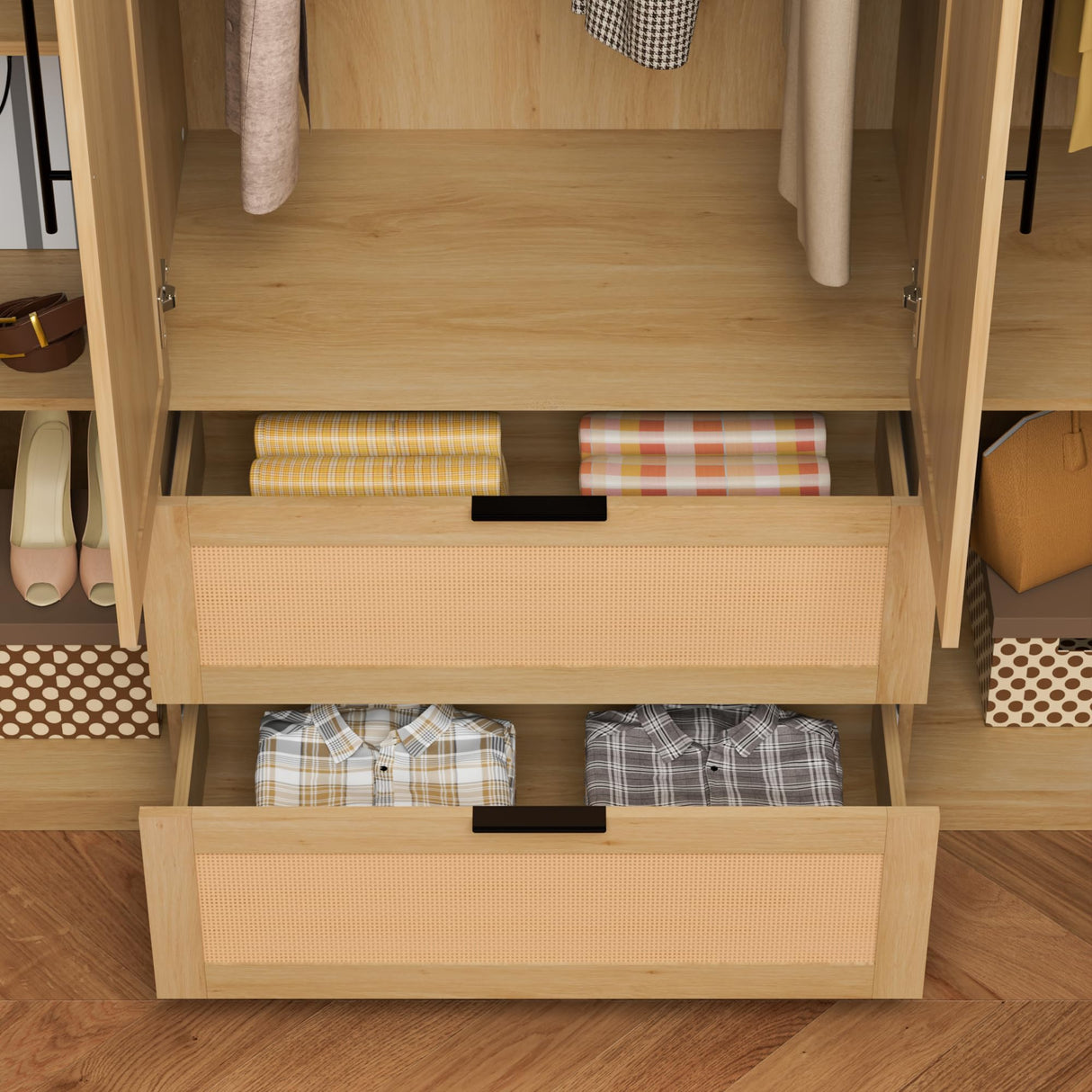 UEV Brown 6 Doors Rattan Armoire Wardrobe Closet,63" Large Armoire Storage Cabinet with 2 Drawers Side Shelves,Wooden Wardrobe Closet with 2 Hanging UEV