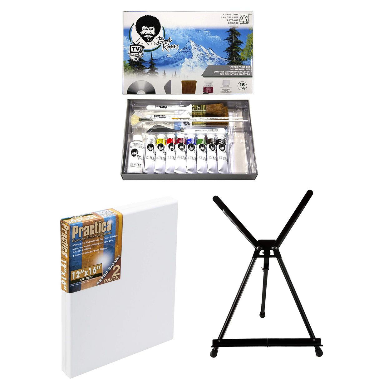 Bob Ross Master Artist Oil Paint Set Bundle with Aluminum Table Easel & 2-Pack 12x16 Stretched Canvas for Painting (3 Items) Jerry's Artarama