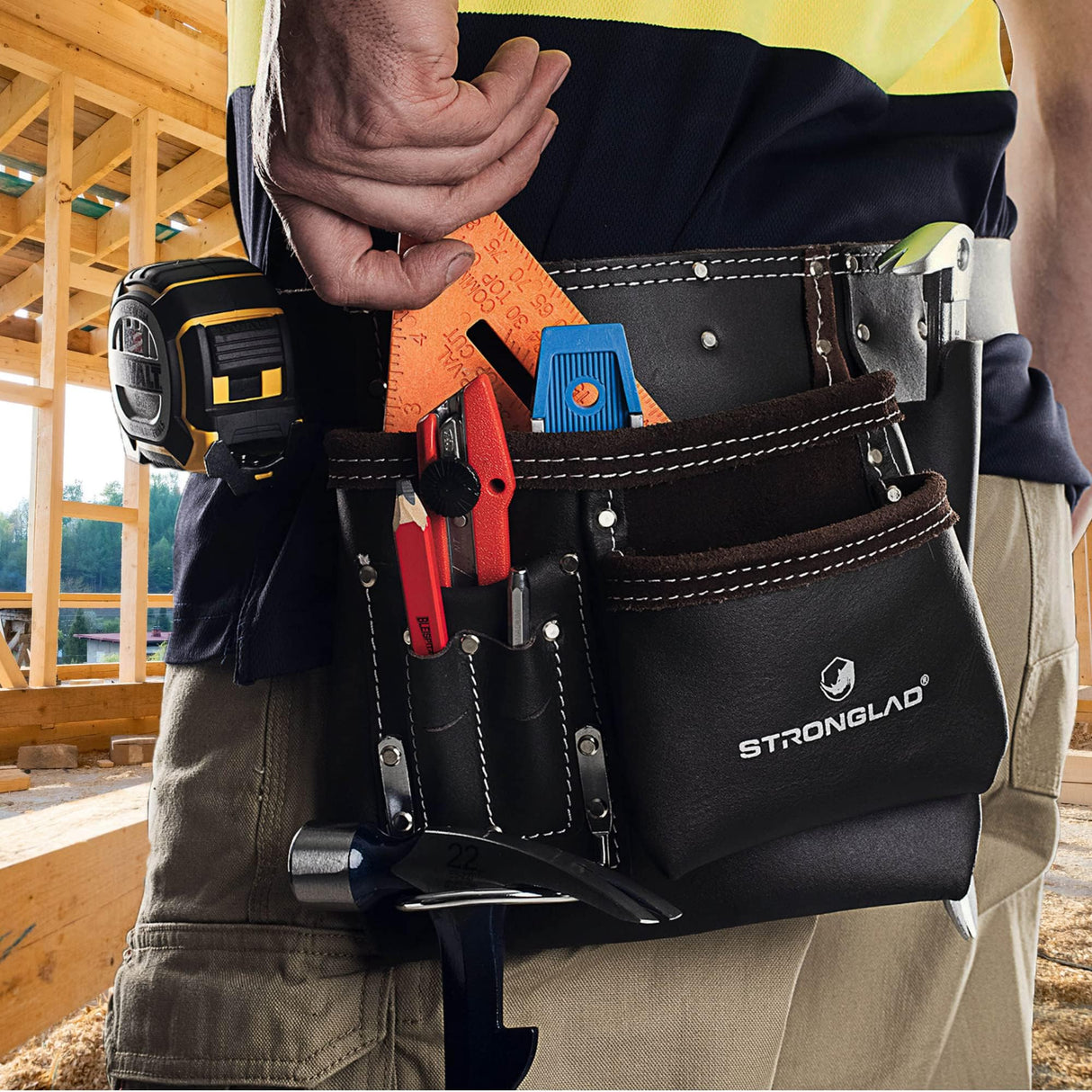 STRONGLAD 5-Pocket Leather Tool Belt, Carpenters Tool Belts, Construction Pouch, Tool Apron, Tool Organizer, Utility Pouches, Tool Bag, Toolbelt for STRONGLAD