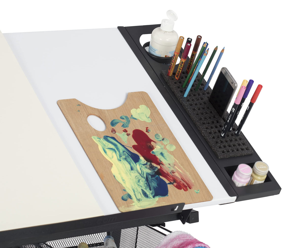 47" W Fusion Craft Center with 24" Supply Tray, 60 Degree Angle Adjustable Top and Height Adjustable from 27.75" – 35.5" when Flat, Stool and SD STUDIO DESIGNS