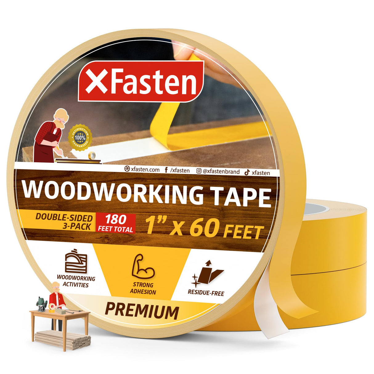 XFasten Double Sided Woodworking Tape 1-inch 180-Feet Total 3-Pack Double Stick Tape for Router Templates for Woodworking Tools; Wood Crafter Double XFasten