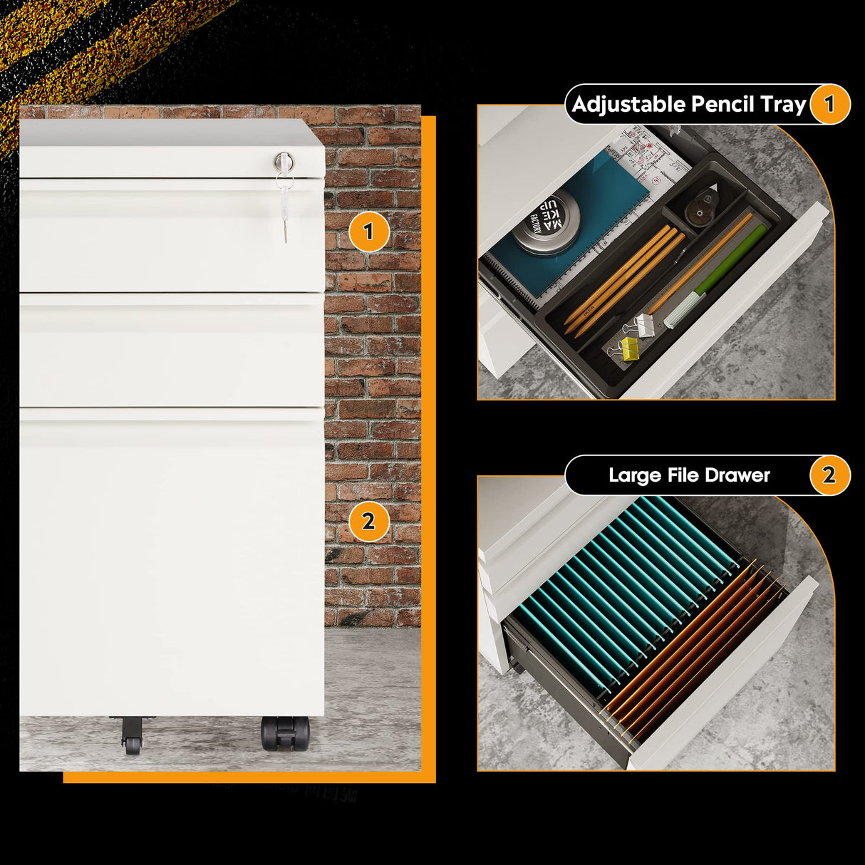 DEVAISE 3-Drawer Mobile File Cabinet (Under Office Desk), Assembled Except Casters, Fits Letter/Standard Sizes, White DEVAISE