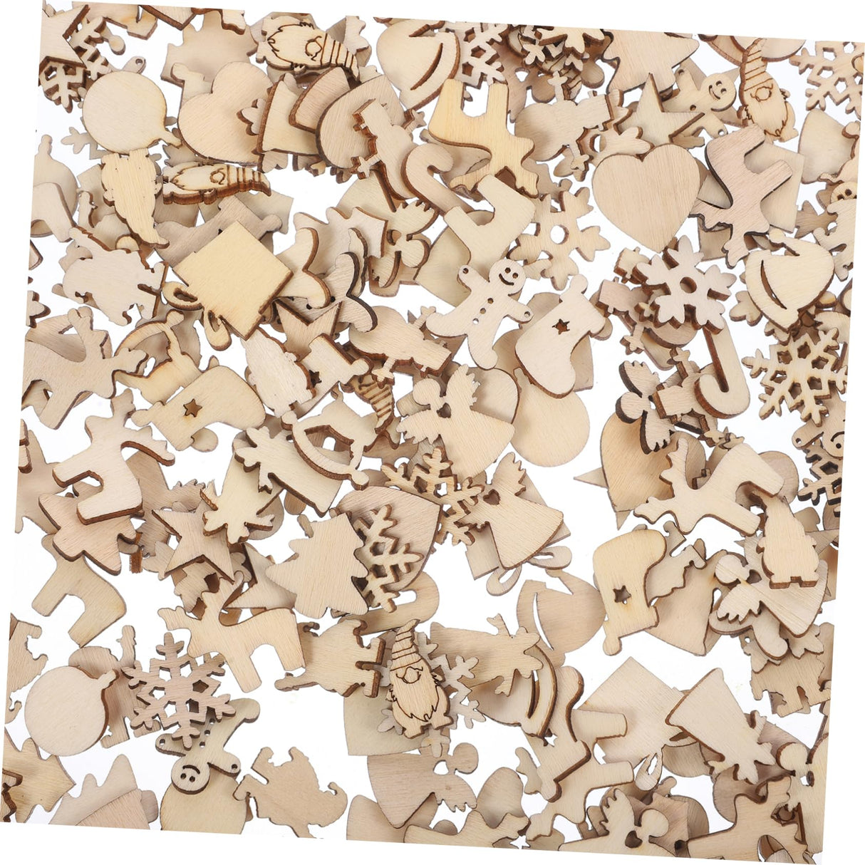 VOSAREA 300pcs Christmas Wood Chips Miniature Christmas Ornaments Unfinished Snowflake Cutout Jingle Bell Wood Cutout Unfinished Hanging Ornament VOSAREA