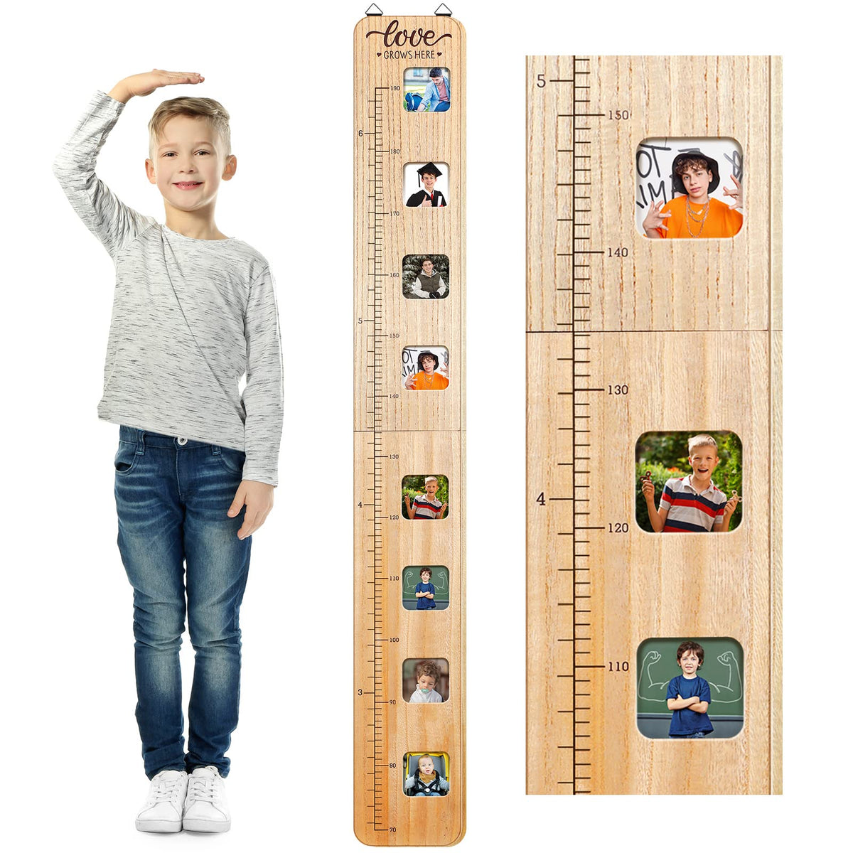 Wood Growth Chart for Kids with Picture Frames Boho Wooden Height Meas