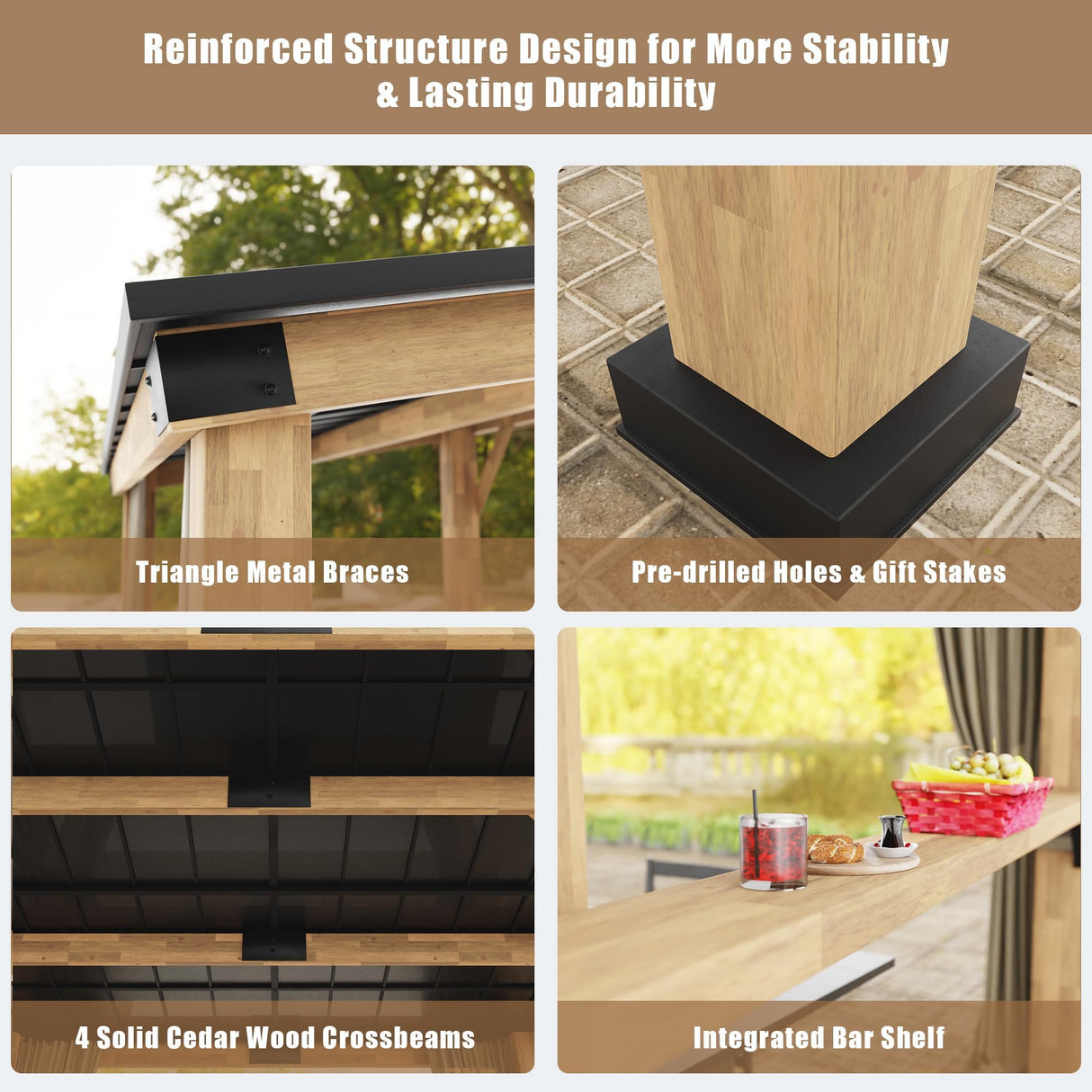 Joyside Cedar Wood Gazebo 10 ft. x 12 ft. - Patio Wood Gazebo with Cedar Frame and Metal Steel Roof Panels, Hardtop Gazebo for Patio Lawn Deck and Joyside