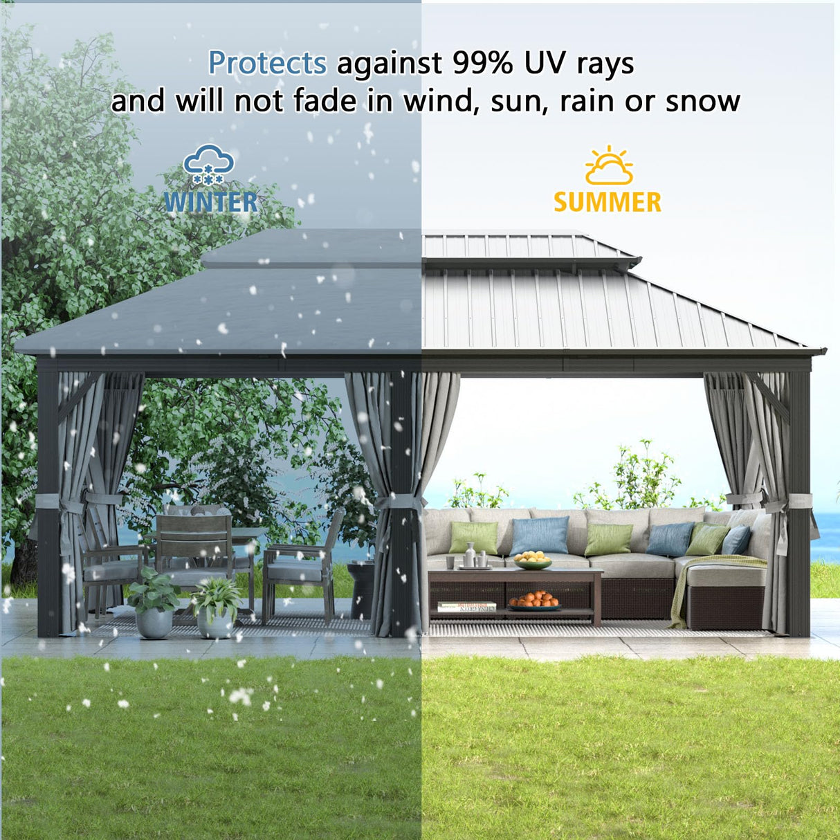 Aoxun 12' X 20' Hardtop Gazebo, Galvanized Steel Double Top, Aluminum Metal Gazebo with Curtains and Netting, Permanent Gazebo Pavilion for Wedding, Aoxun