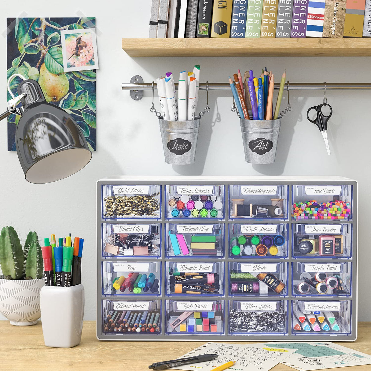 Arteza 16 Drawer Storage Cabinet, 17.7 x 8.2 x 10.9 inches, White, Plastic Drawers with Stoppers, Multi Compartment Organizer for Makeup and Art ARTEZA