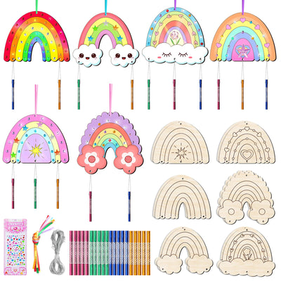 12 Pack Wind Chime Crafts for Kids, Make Your Own Boho Rainbow Wind Chime Kit DIY Coloring Wooden Craft Unfinished Rainbow Wood Ornaments for Girls