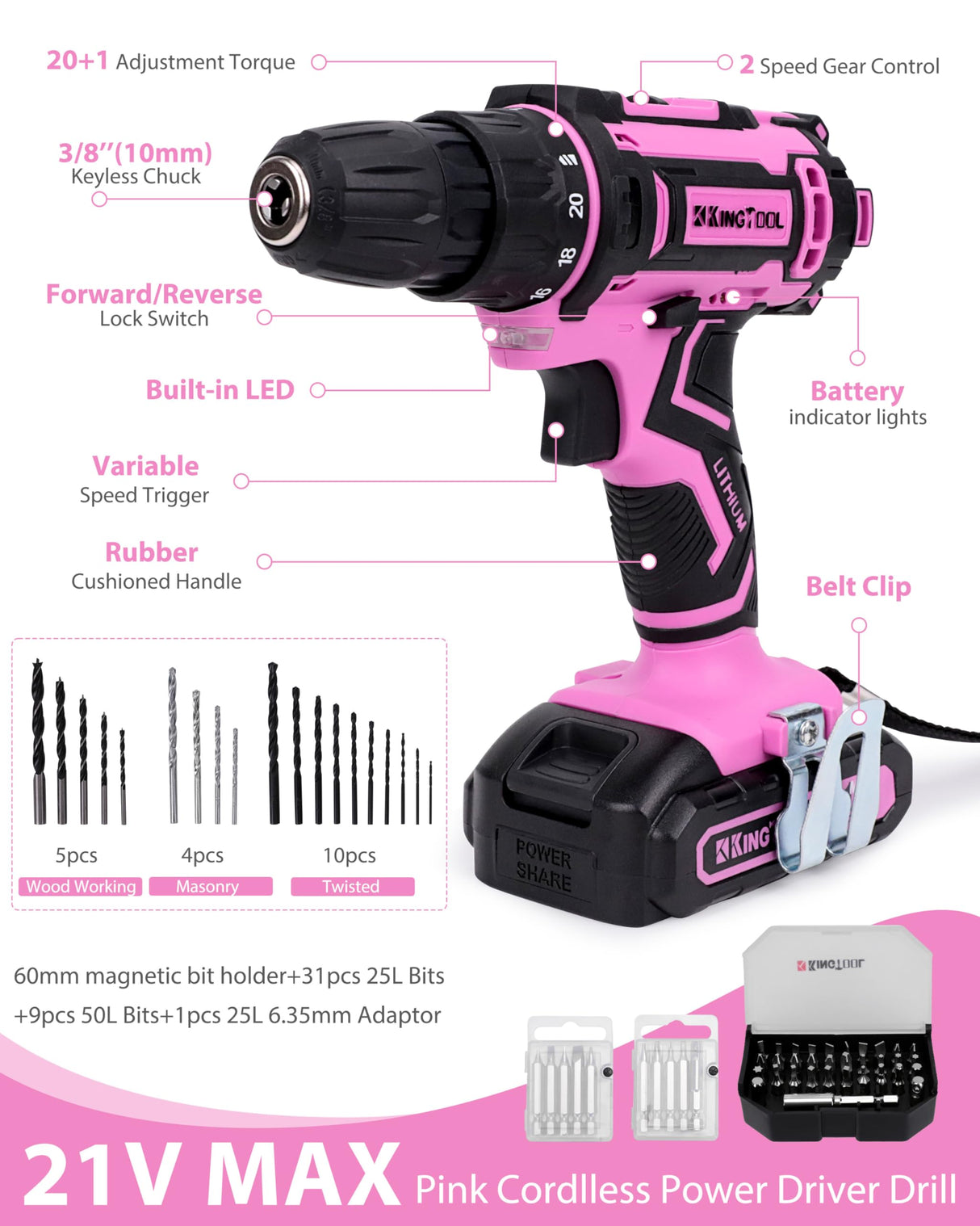 KingTool 267-Piece Tool Kit Set - Pink Tool Set with 21V Crodless Pink Power Drill Driver, Tool kit for Women with Pink Tool Storage Bag, Womens Tool KINGTOOL