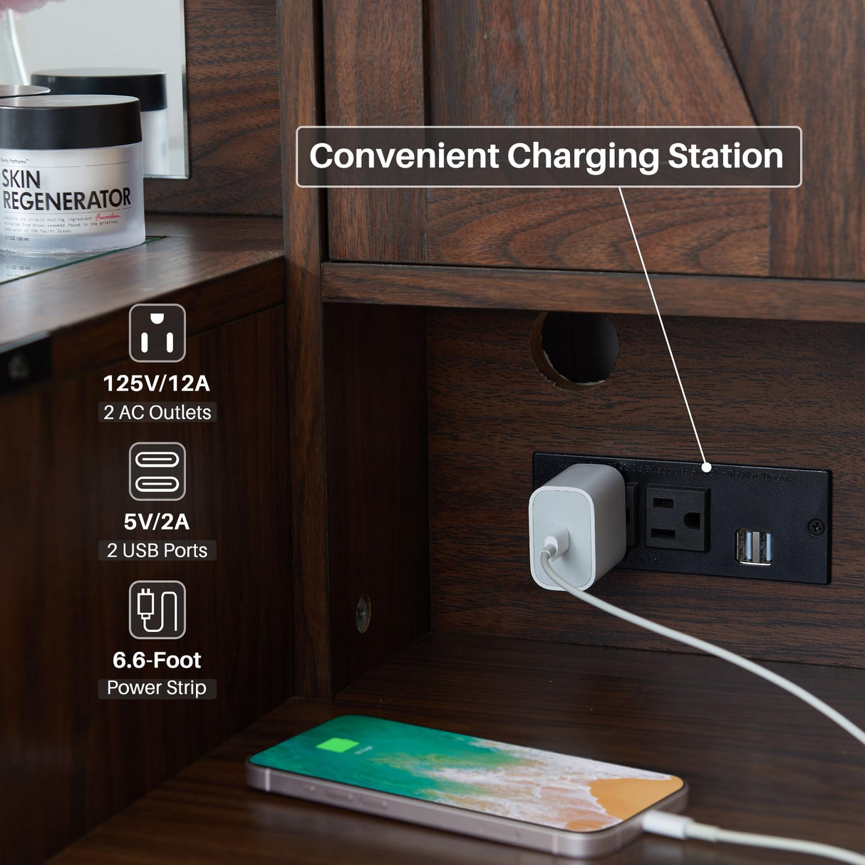 JXQTLINGMU Farmhouse Vanity Makeup Desk with Charging Station, 43" W Vanity Desk with Lights Mirror and Drawers for Makeup, Big Modern Makeup Vanity JXQTLINGMU