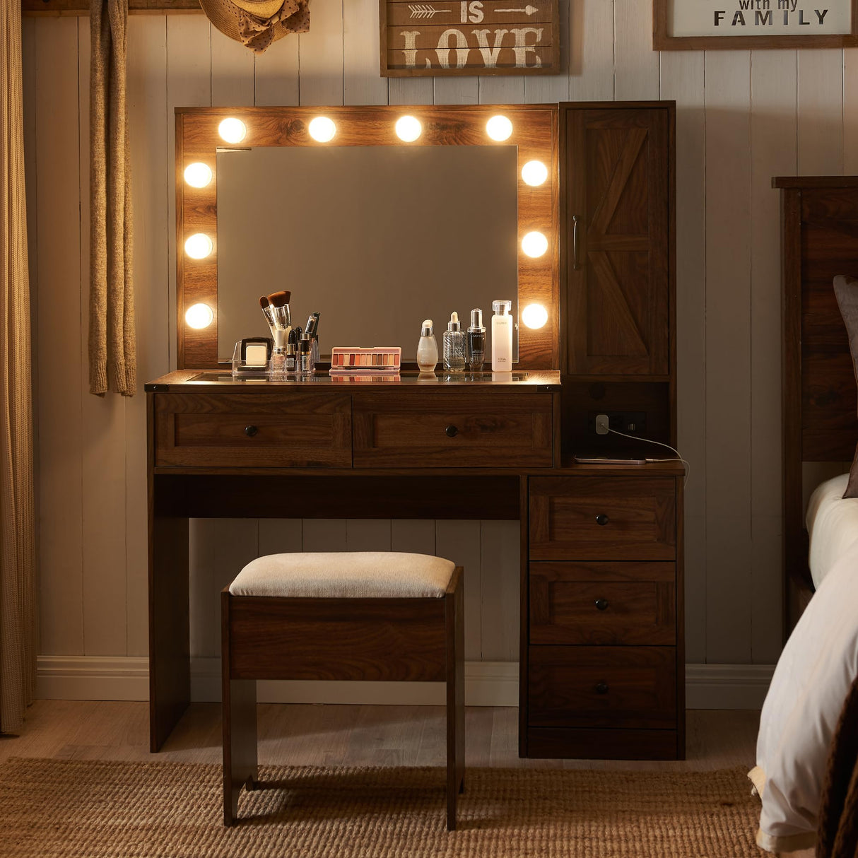 JXQTLINGMU Farmhouse Vanity Makeup Desk with Charging Station, 43" W Vanity Desk with Lights Mirror and Drawers for Makeup, Big Modern Makeup Vanity JXQTLINGMU