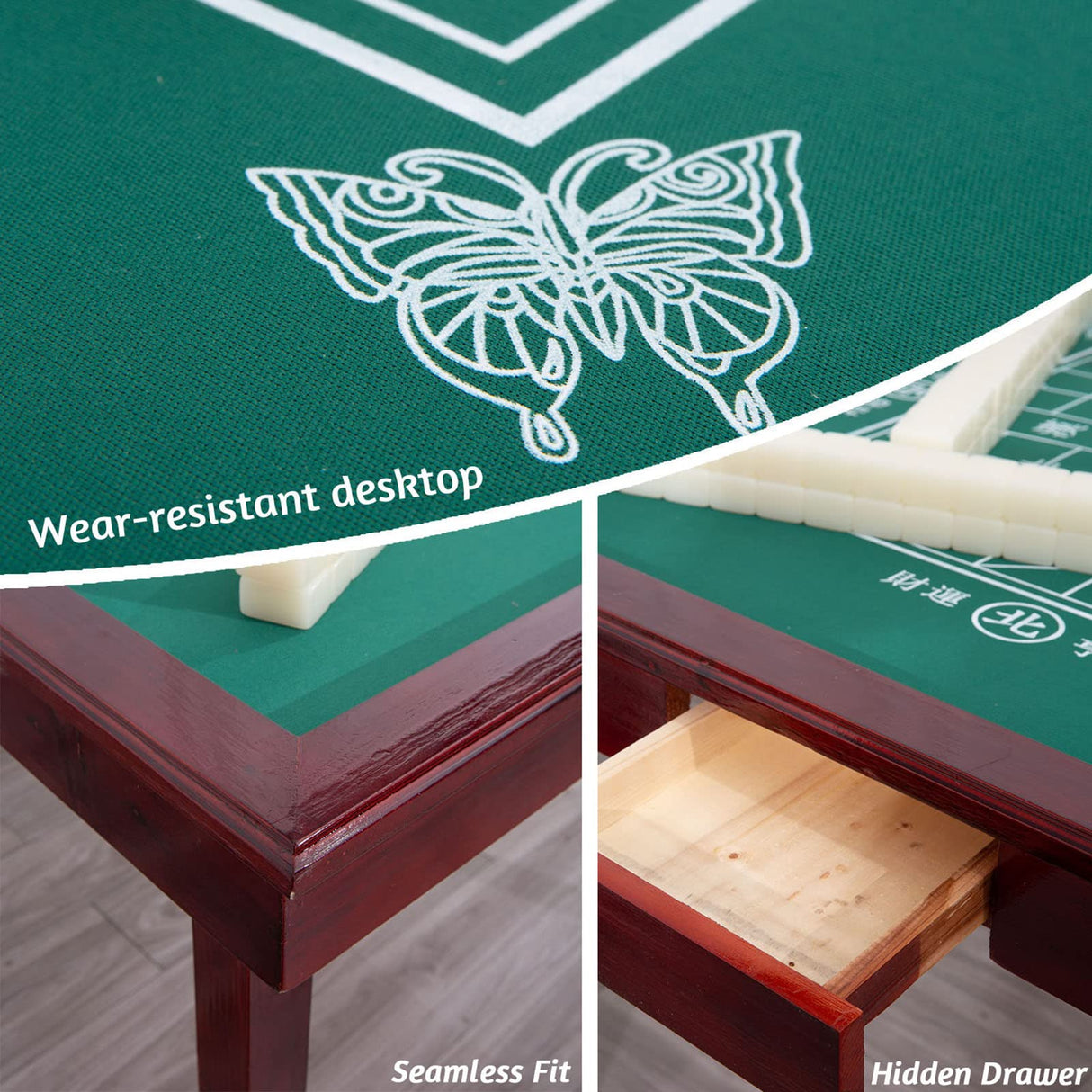 MJTABLE Wooden Mahjong Table, 35" Folding Square Card Tables, Wear-Resistant Nylon Desktop, Board Game Domino Table, Poker Cards, Mahjong, Board MJTABLE