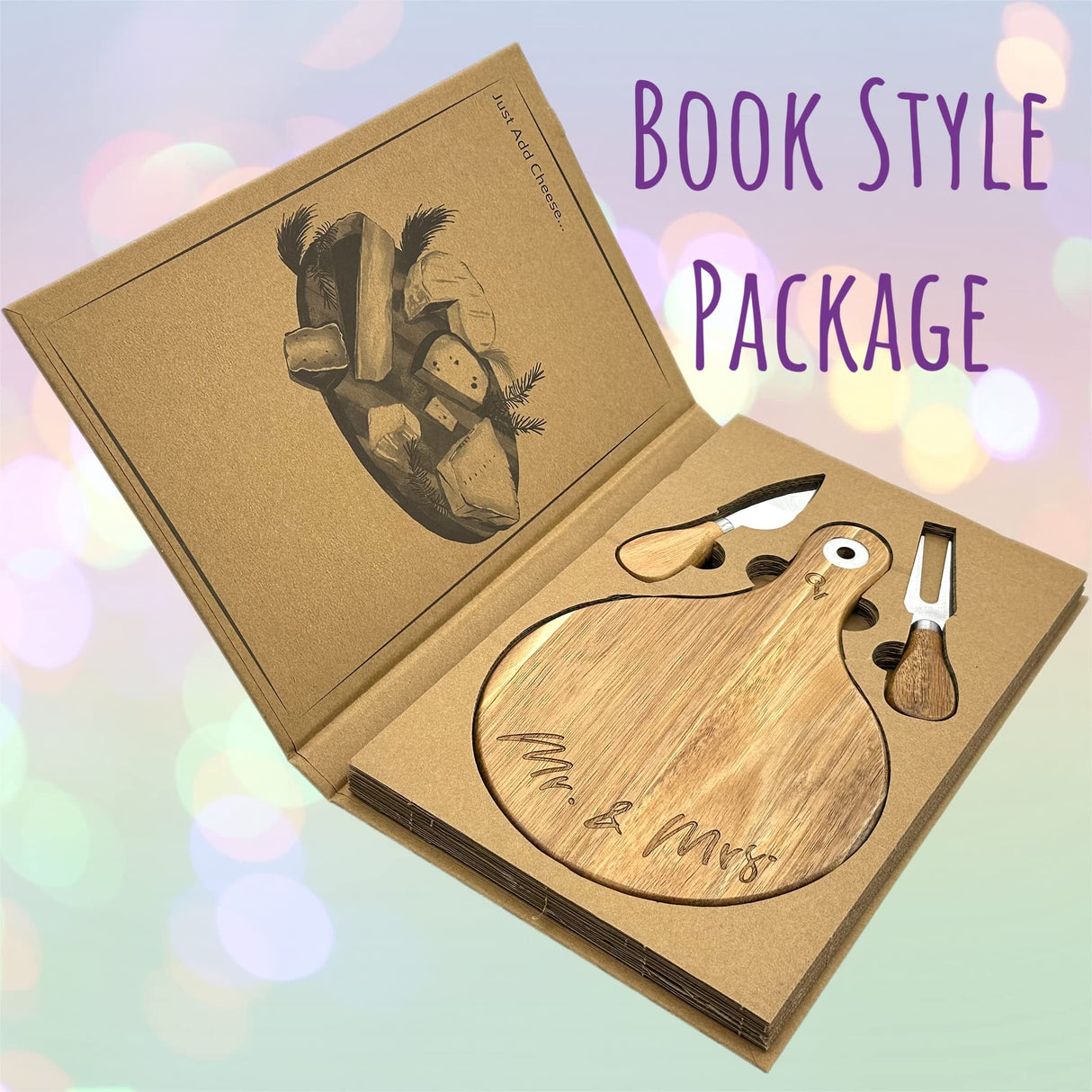 Mr & Mrs Wedding Gift Small Acacia Wood cheese board For charcuterie. Laser Engraved Present In a book like box for newlywed couples. Stainless Steel QualityVibe