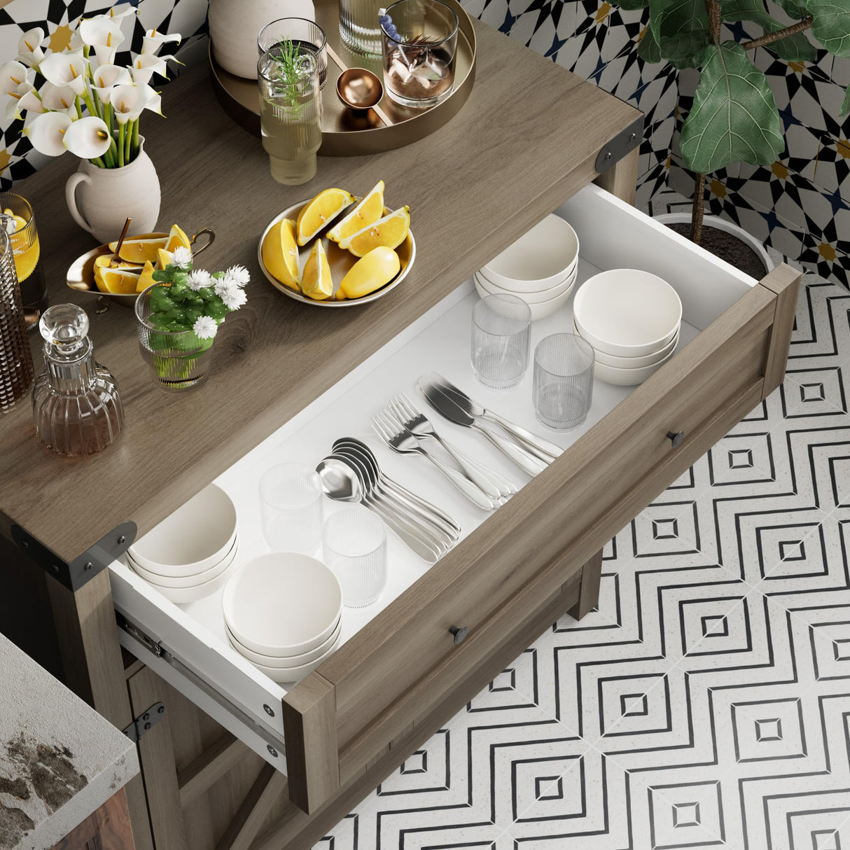 JUMMICO Coffee Bar Cabinet Farmhouse Kitchen Sideboard Buffet Cabinet with Drawer and Adjustable Shelf Barn Door Storage Cabinet for Kitchen, Dining JUMMICO