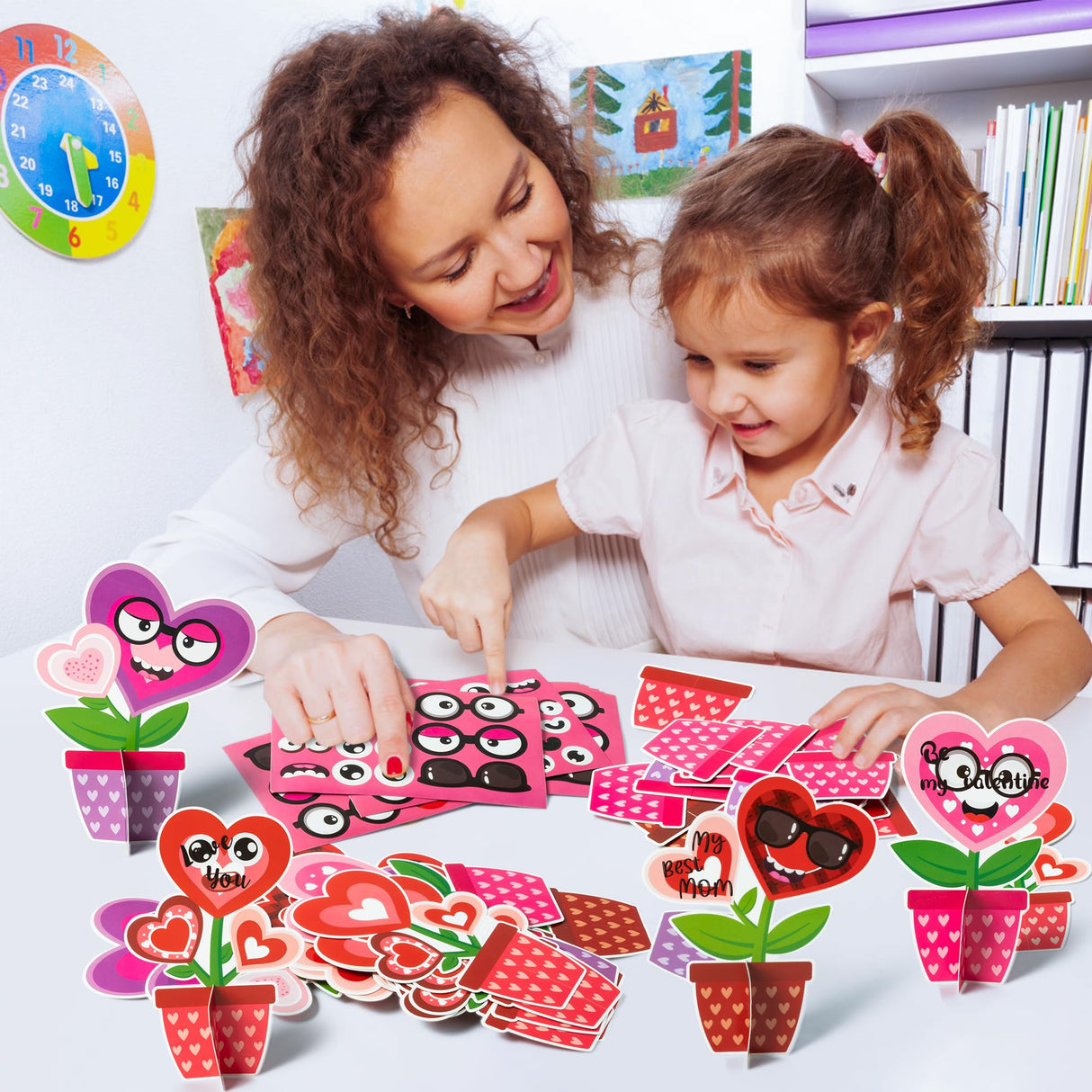 WATINC 32PCS Valentine’s Day Flower Craft Kit, Make Your Valentines Heart Flowers Pot Gift Craft Decorations, DIY Valentine Art Craft Set Home School WATINC